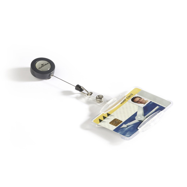 Держатель для одного пропуска/пластиковой карты на рулетке Durable, горизонтальное или вертикальное положение, 85х54 мм
